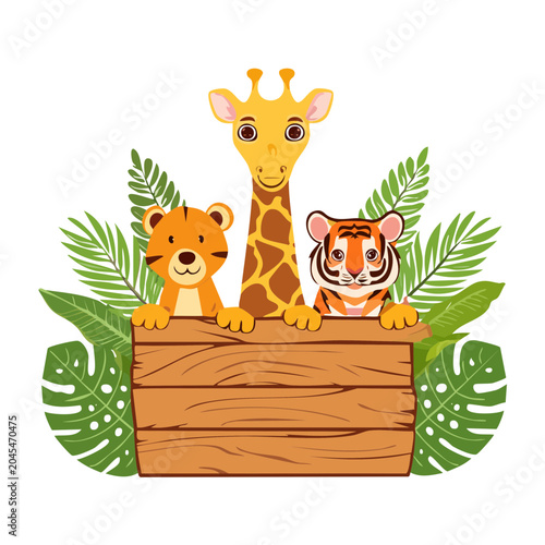 Cute cartoon animals holding a wooden sign with jungle leaves