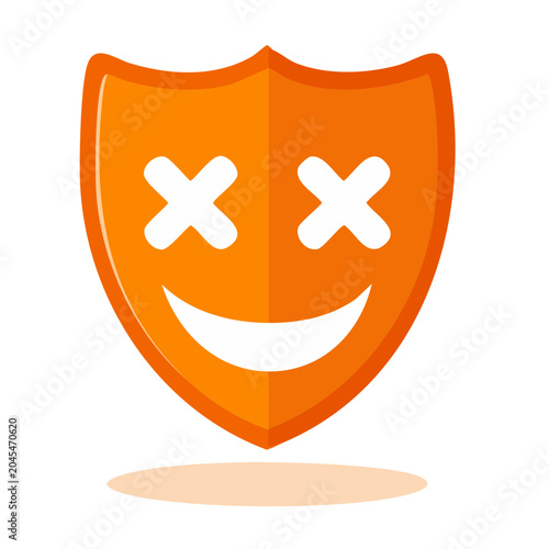 Orange shield with a smiley face and X eyes