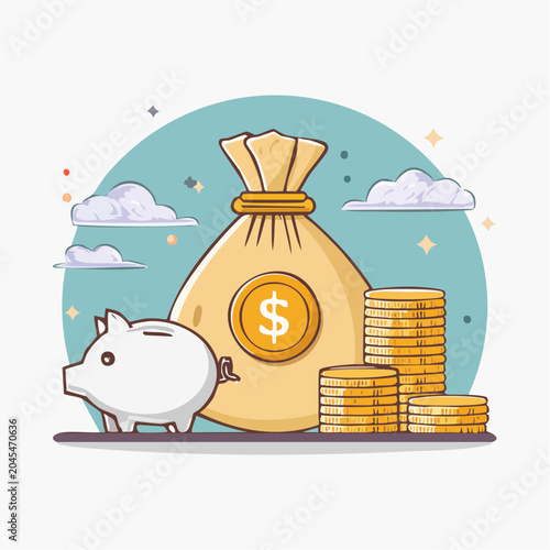 Piggy Bank and Money Bag with Coins