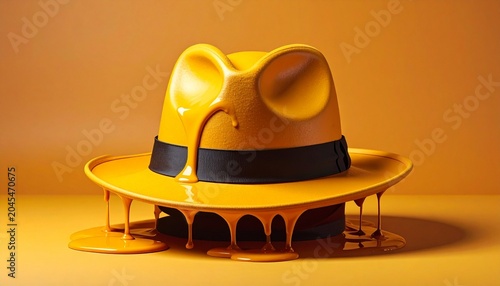 Melting yellow fedora hat covered in viscous honey, dripping down onto a matching surface