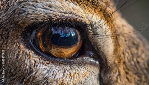 Close-up of a camels eye with fur.