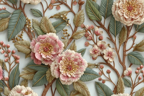 Intricate floral pattern with pink and white blossoms and green leaves on a textured background