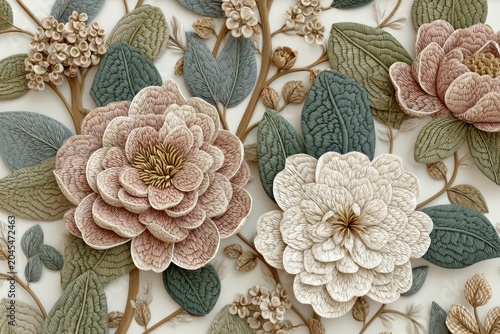 Intricate floral tapestry with blooming pink cream and blue flowers on a textured white background