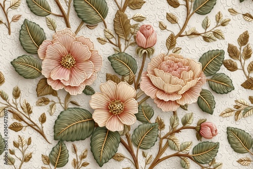 Intricate Floral Tapestry With Peach And Pink Roses Green Leaves And Brown Branches On Creamy Background