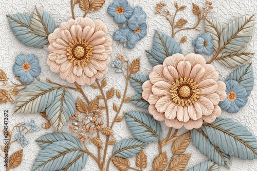 Intricate Floral Tapestry with Peachy Pink and Dusty Blue Blossoms and Textured Green Leaves
