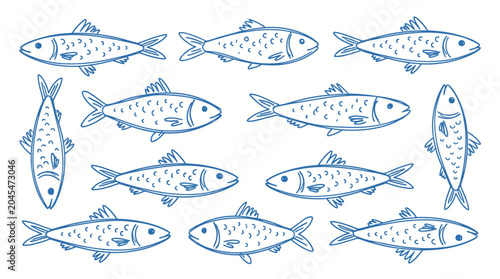 Foto A collection of detailed blue illustrations of small schooling fish in various p