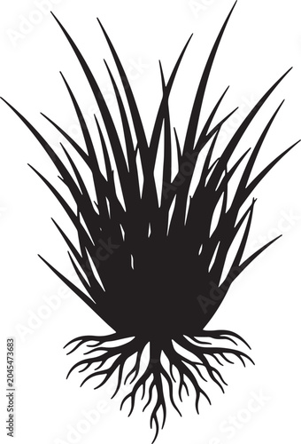 Black silhouette of plant with grass and roots on transparent background.