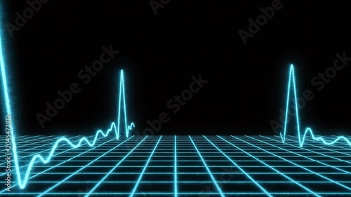 Retro Neon Cyan EKG Heartbeat Pulse on 3D Grid Black Background