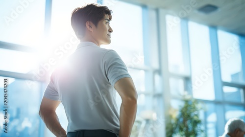 窓辺に立つ男性の横顔
