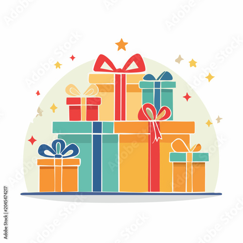 Colorful Stack of Gift Boxes with Ribbons and Stars