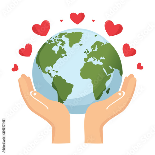 Hands holding planet Earth with red hearts