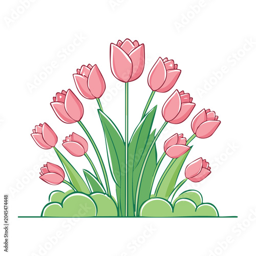 Pink tulips illustration with green leaves and bushes
