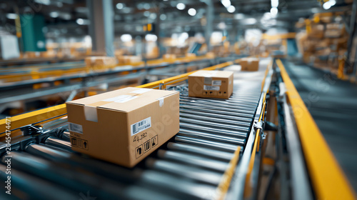 cardboard boxes moving on conveyor belts, warehouse 