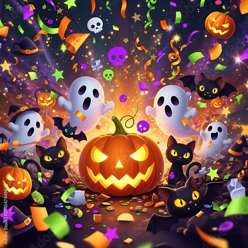 Festive Halloween celebration background with cute ghosts and pumpkins.