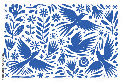 Blue and white ornithological and botanical pattern with stylized birds and foliage