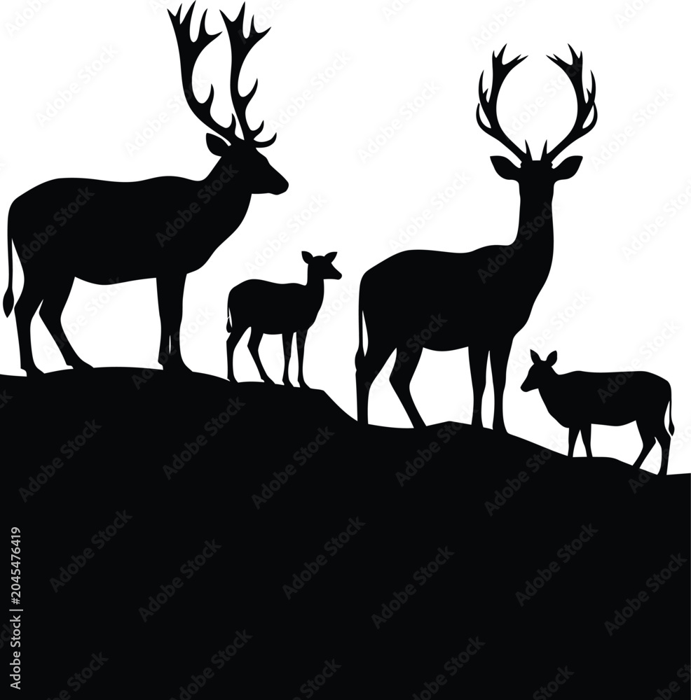 Naklejka premium Deer Family Silhouette on Hilltop Isolated on White