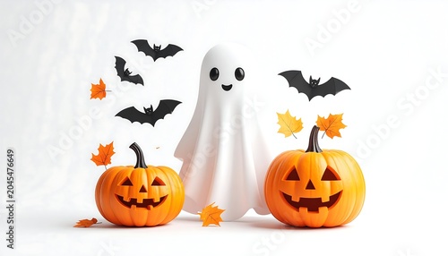 A smiling, cartoon ghost stands between two carved pumpkins with black bats and fall leaves floating around, all on a white background