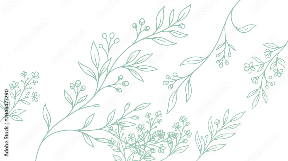Fototapeta premium Delicate mint green botanical illustration featuring leaves and small flowers, a soft floral pattern for design and backgrounds.