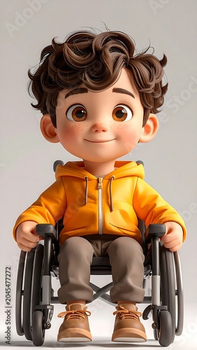 A smiling cartoon boy sits in a wheelchair wearing a yellow jacket and brown pants. He has curly brown hair and brown eyes