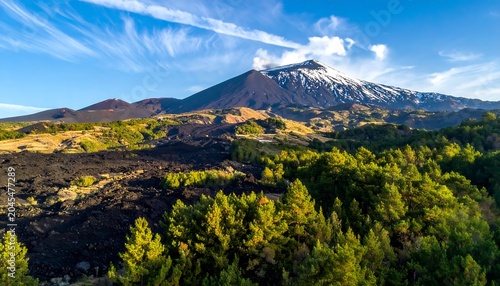 A stunning aerial view of a majestic mountain, covered in snow and surrounded by lush green forests and dark volcanic rock