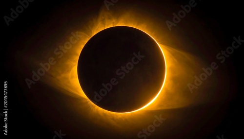 A stunning cosmic display showcasing the sun's corona around the darkened moon during totality. A bright ring emerges