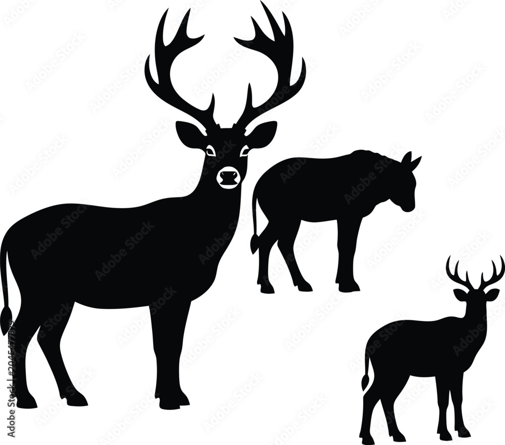 Fototapeta premium Black Deer Silhouettes Isolated on White Background