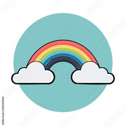 Flat design rainbow with clouds on blue background