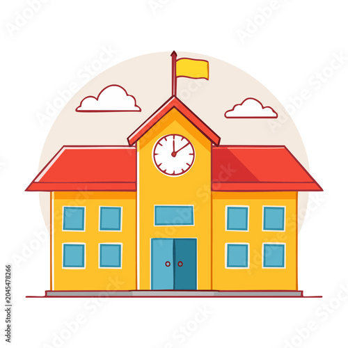 Flat design school building with clock and flag