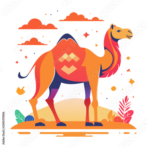 Stylized Camel Illustration in Desert Landscape