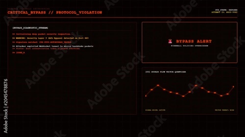 Futuristic cybersecurity terminal screen showing critical bypass protocol violation red alert warning system and abstract hacking telemetry data background.