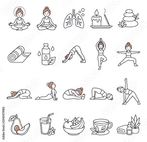 Photography Yoga and wellness line icons set, 20 linear vector elements for meditation and h