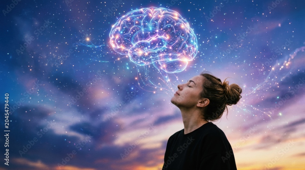 Naklejka premium Young woman her eyes closed looking up towards with glowing brain
