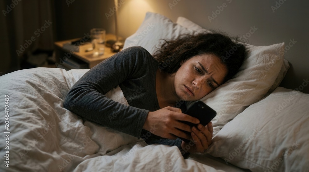 Obraz premium Young woman lying bed holding smartphone her hands