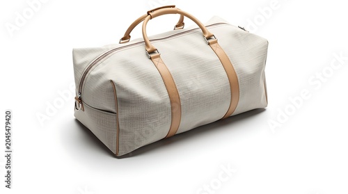 Beige canvas duffel bag with leather straps and handles