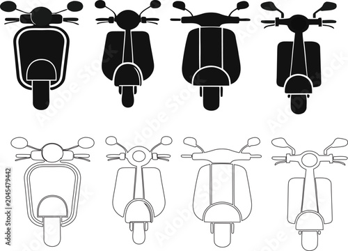 Front View Retro Scooter and Moped Silhouette Outline Vector Icon Set Collection