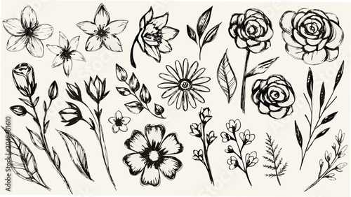 Schilderij op canvas Sketchy floral arrangement a collection of hand drawn flowers and leaves