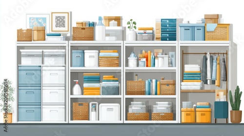 Flat vector illustration of a modern storage room with open shelves, boxes, cabinets and household items neatly organized, isolated on white