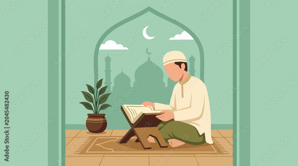 Fototapeta premium Muslim man reading Quran on prayer mat with mosque silhouette in arch window