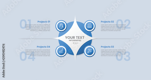 Rhombus base shape infographic with glossy gradient style with shinny main shape with circle badge on quadrant structure with four segment information
