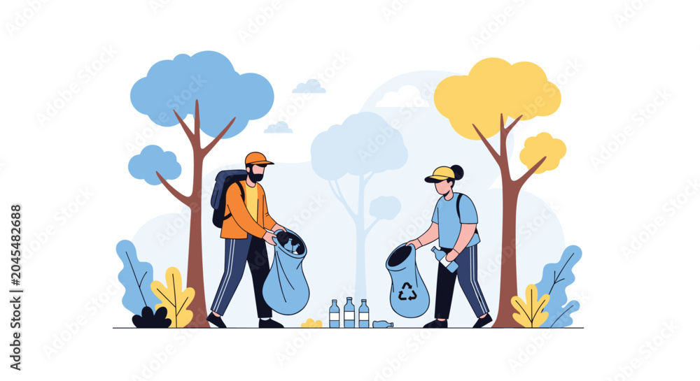 Obraz premium Environmentally conscious volunteers work together to pick up plastic bottles and litter in a beautiful public park area.