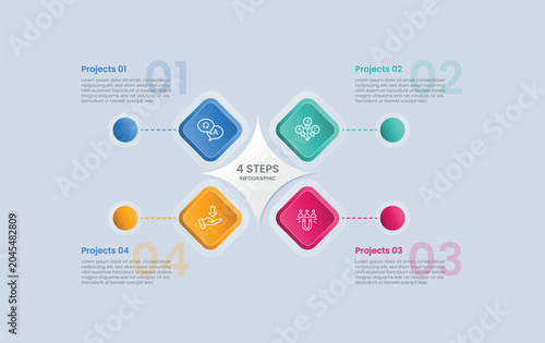 Rhombus base shape infographic with glossy gradient style with round edge with sharp star on center with quadrant structure with four segment information