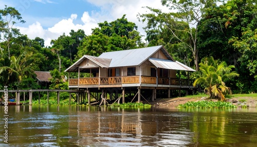 Tropical house on stilts reflects in river, surrounded by lush greenery under cloudy sky