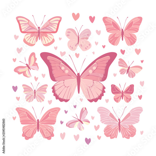 Pink butterflies and hearts pattern illustration