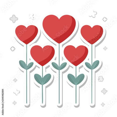 Red heart flowers with green leaves on white background