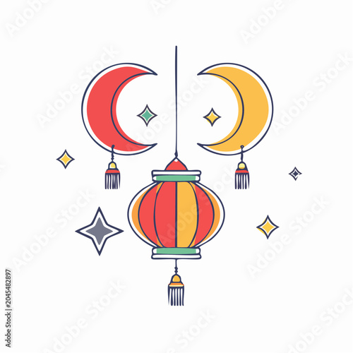 Ramadan Lantern and Crescent Moons with Stars