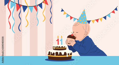 Young baby wearing a party hat enjoys eating a chocolate cupcake during a festive eleventh month birthday celebration.