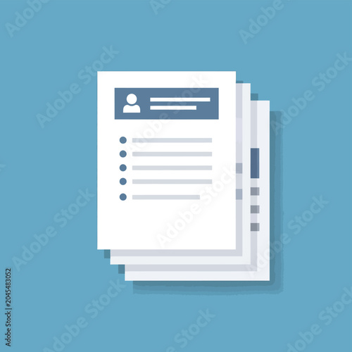 Stack of Resumes on Blue Background, CV Application Concept