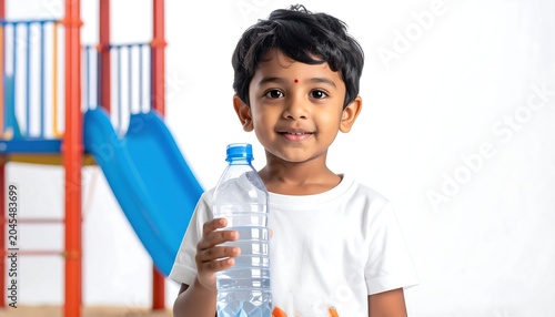 A smiling child, a red dot on forehead, holds a water bottle in front of a playground slide. White background