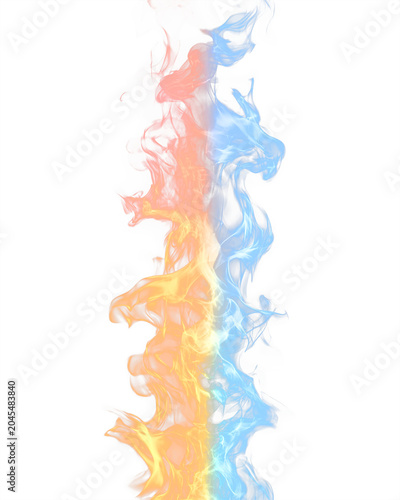 Vertical split flame effect half fiery orange/red, half icy blue, against a void. Artistic, contrasting, symbolic