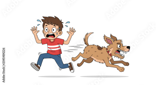 Scared young boy running away from an angry barking dog in a humorous cartoon illustration depicting a common fear.
